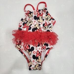 Disney Junior Baby Girl Size 6/9M Red Minnie Mouse Swimsuit with Tulle Summer